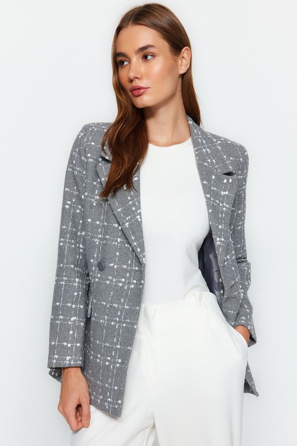 Trendyol Trendyol Gray Oversize Woven Plaid Blazer Jacket
