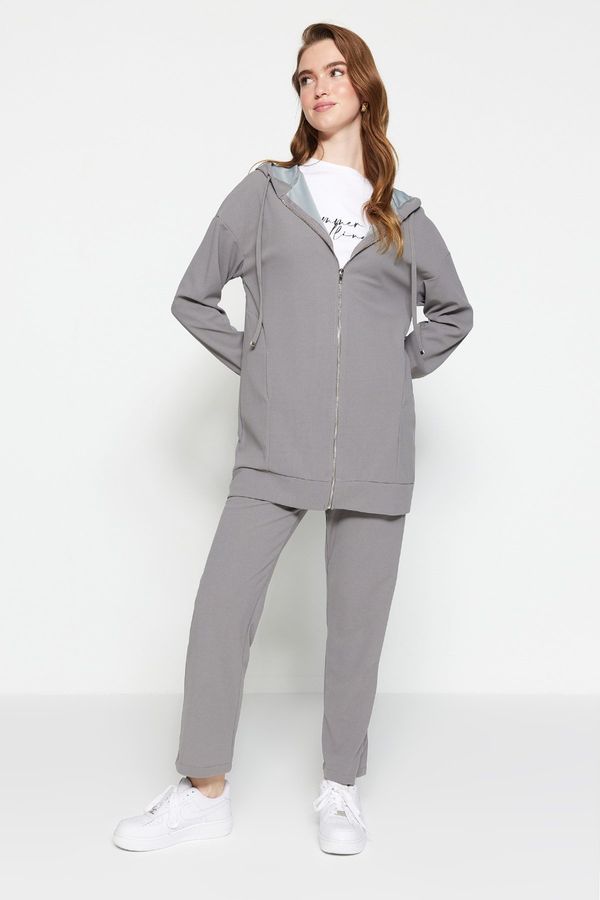 Trendyol Trendyol Gray Oversize Zippered Hooded Cardigan Knitted Tracksuit