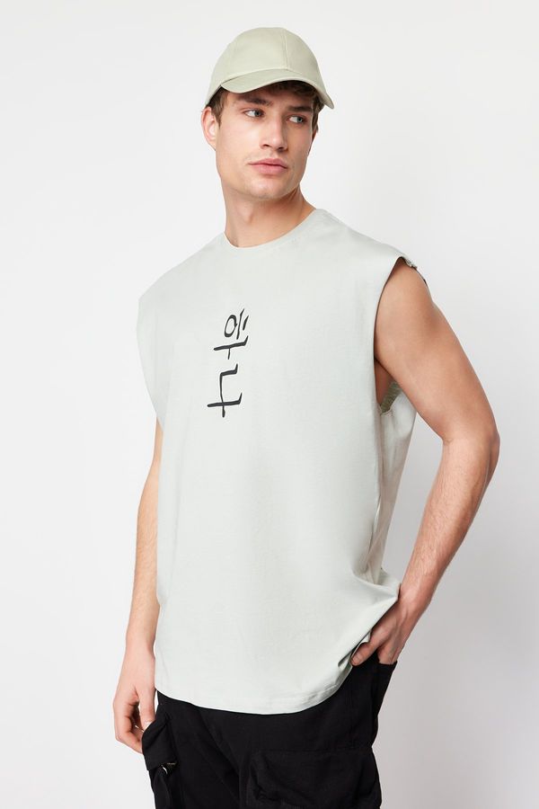 Trendyol Trendyol Gray Oversize/Wide Cut Far East Text Printed 100% Cotton Sleeveless T-Shirt/Athlete