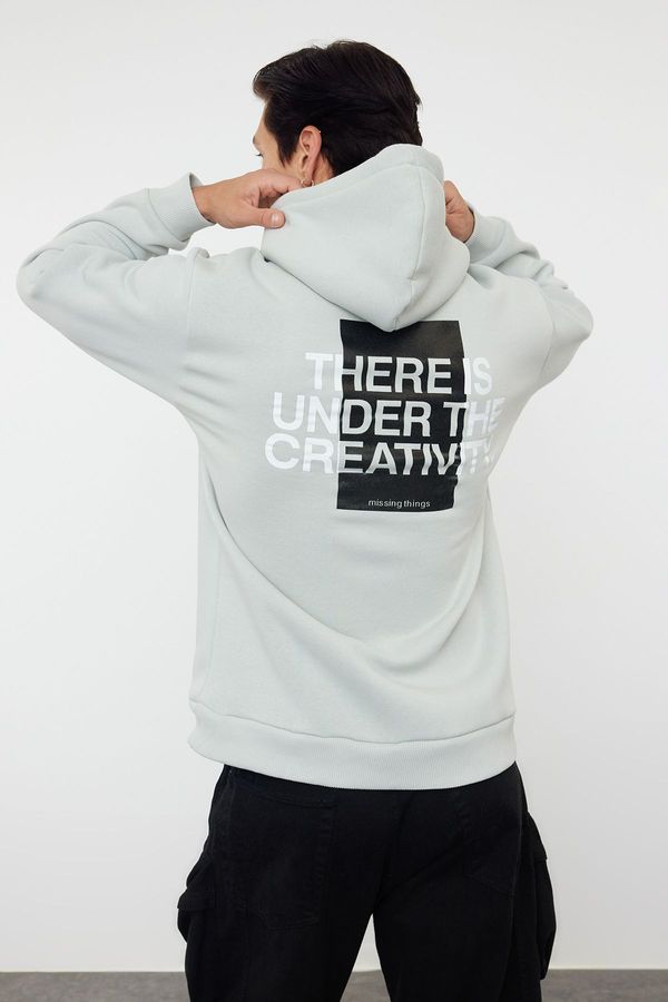 Trendyol Trendyol Gray Oversize/Wide Cut Hooded Long Sleeve Back Text Printed Sweatshirt