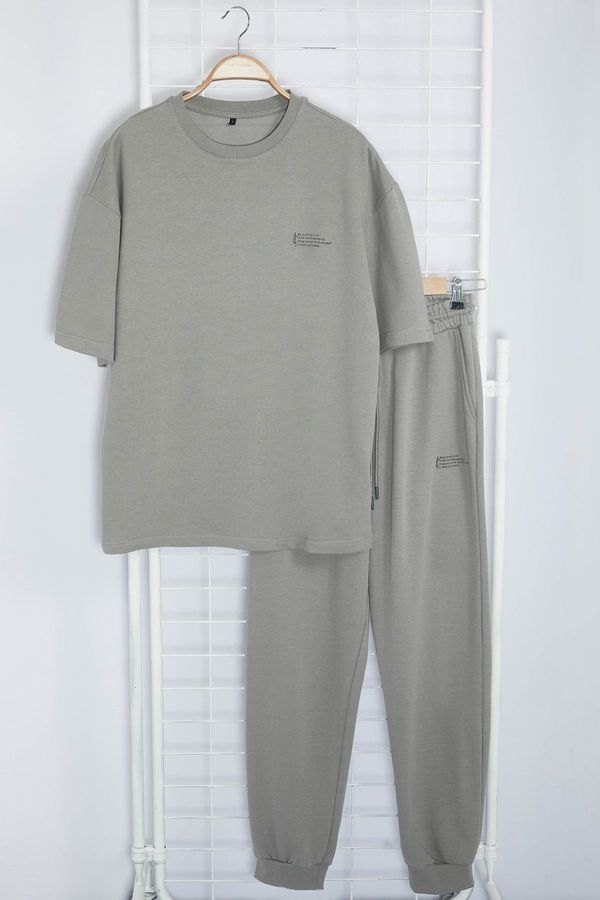 Trendyol Trendyol Gray Oversize/Wide Cut Printed T-Shirt Tracksuit Bottom-Top Set