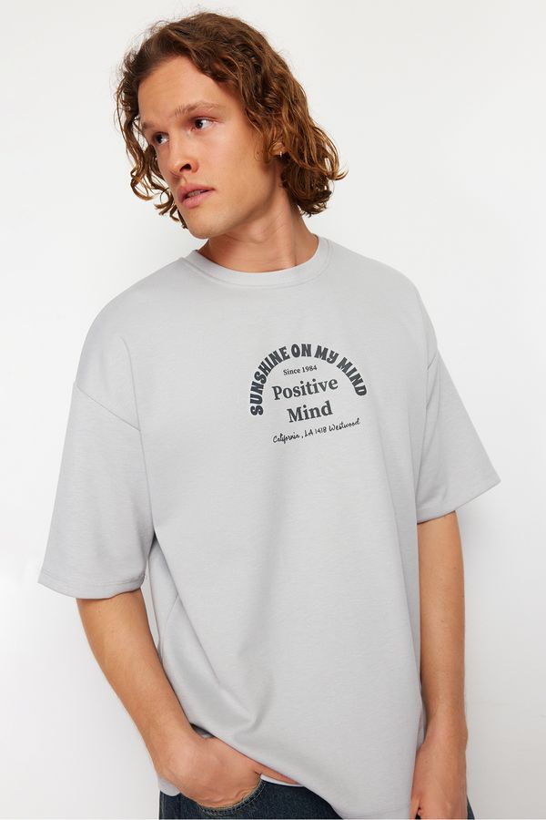 Trendyol Trendyol Gray Oversize/Wide Cut Text Printed Thick T-Shirt