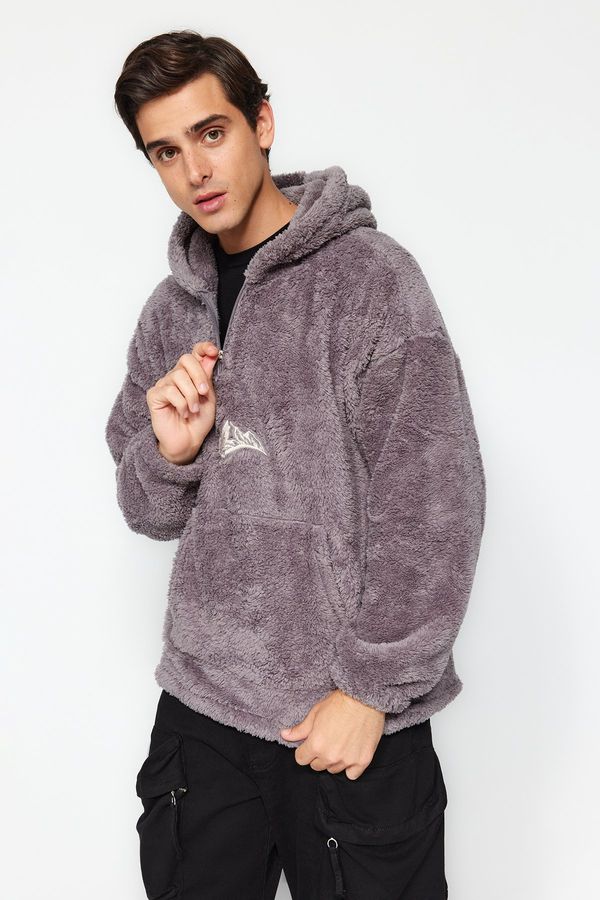 Trendyol Trendyol Gray Oversize/Wide-Fit Zippered Mountain Embroidery Pocket Fleece/Plush Sweatshirt