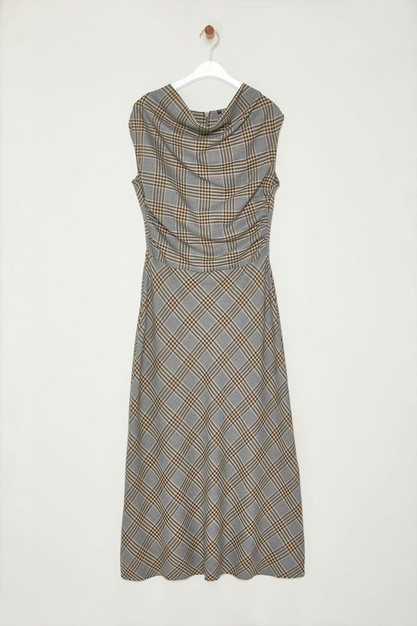 Trendyol Trendyol Gray Plaid / Checkered A-Line Cowl Collar Flannel Fabric Midi Woven Dress