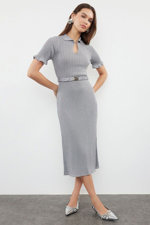 Trendyol Trendyol Gray Plain Polo Neck Lurex Knitwear Dress