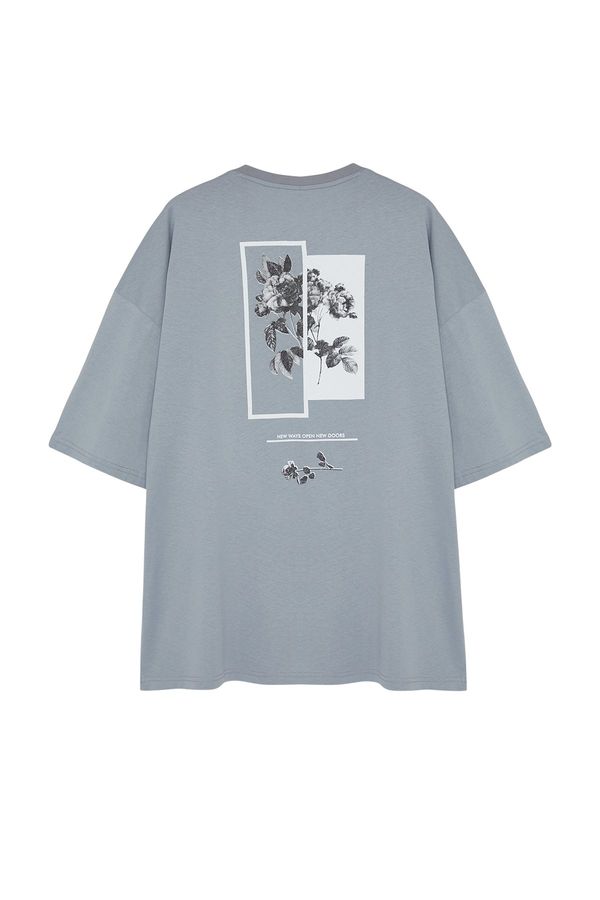 Trendyol Trendyol Gray Plus Size Oversize Comfortable Floral Printed 100% Cotton T-Shirt
