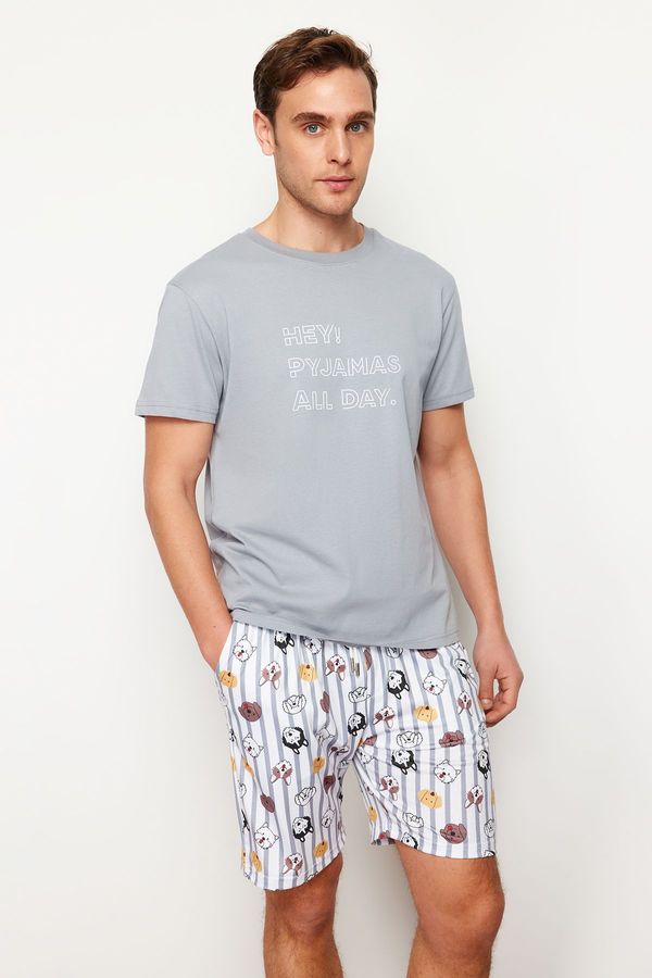 Trendyol Trendyol Gray Regular Fit Printed Knitted Shorts Pajamas Set