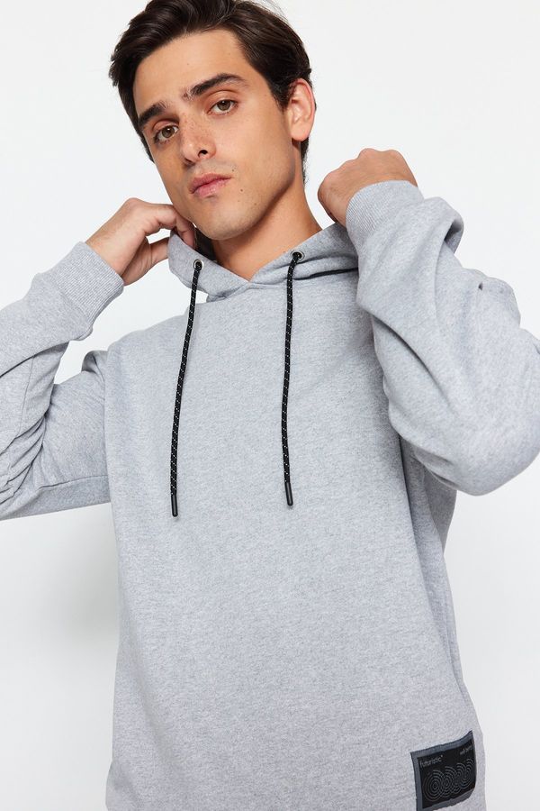 Trendyol Trendyol Gray Regular/Normal Cut Contrast Label Thick Sweatshirt with Fleece Inside