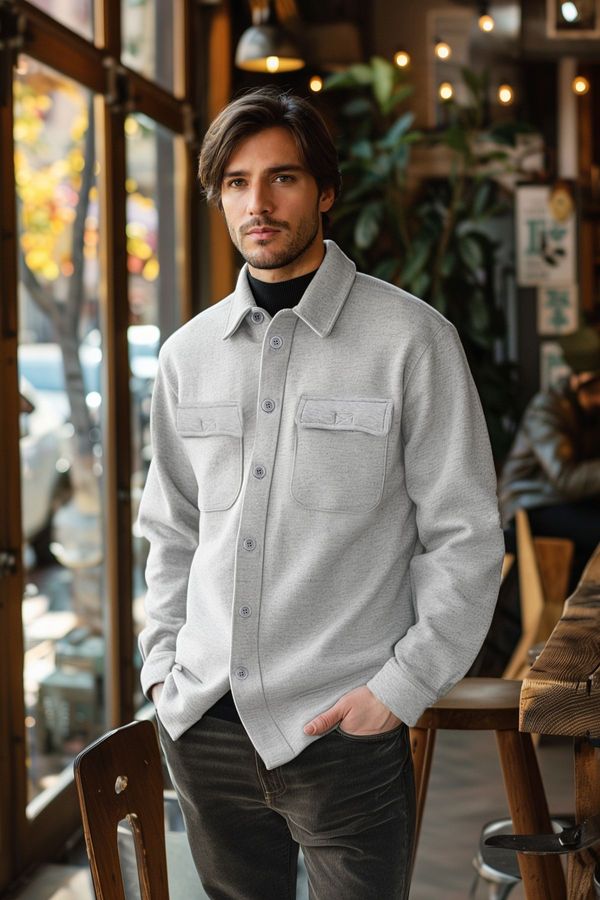 Trendyol Trendyol Gray Regular/Normal Cut Shirt with Collar Flap Pockets and Inside Fleece Shirt