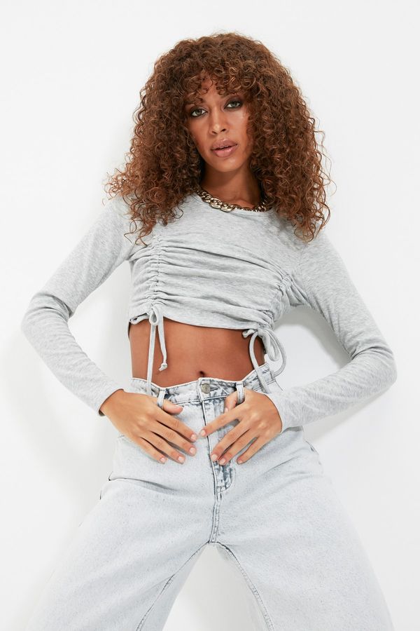 Trendyol Trendyol Gray Shirring Detail Fitted Crop Crew Neck Ribbed Cotton Stretch Knitted Blouse