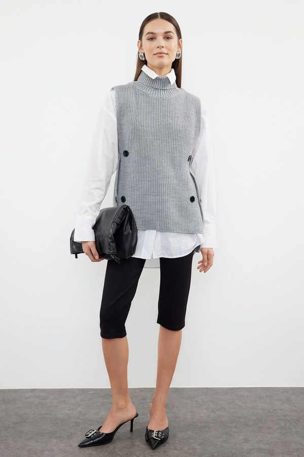 Trendyol Trendyol Gray Side Functional Buttoned Knitwear Sweater