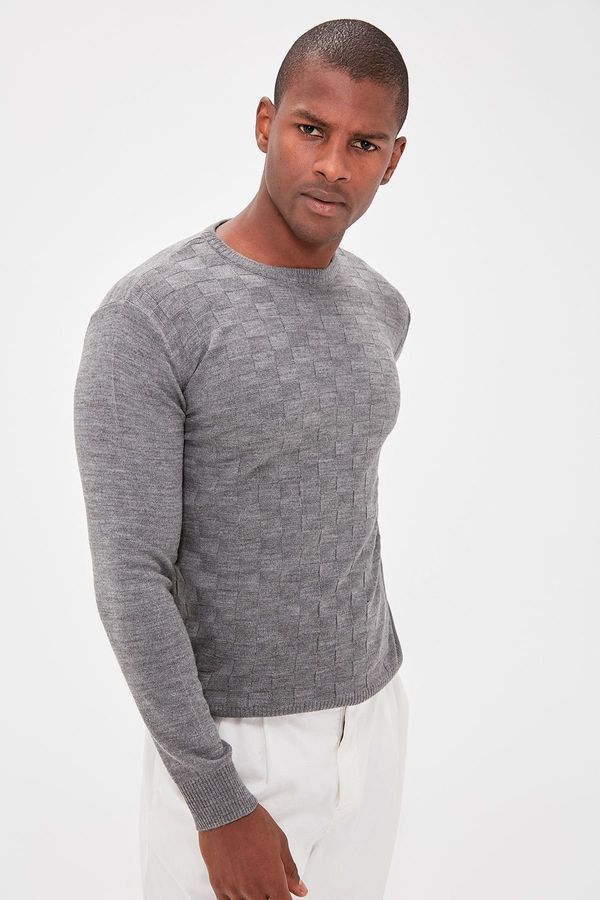 Trendyol Trendyol Gray Slim Fit Crew Neck Textured Knitwear Sweater