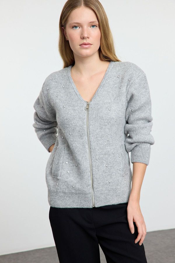 Trendyol Trendyol Gray Soft Texture Stone Embroidered Coat Look Knitwear Cardigan