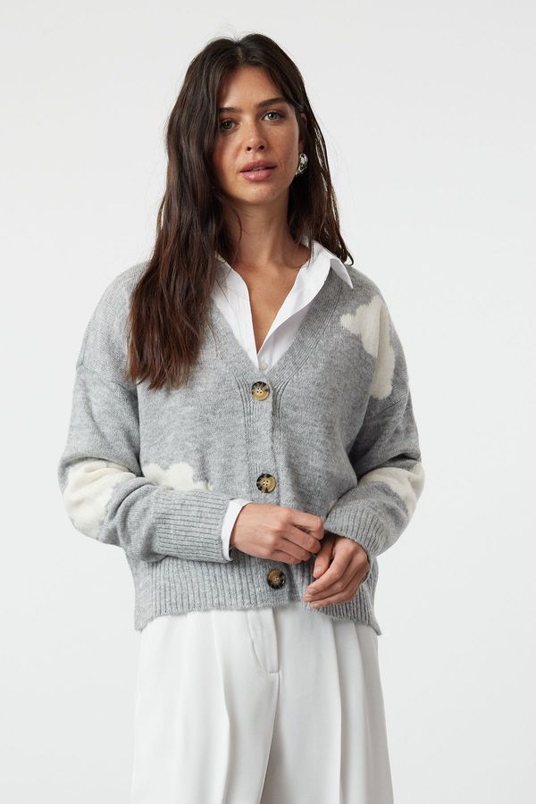 Trendyol Trendyol Gray Soft Textured Cloud Patterned Knitwear Cardigan