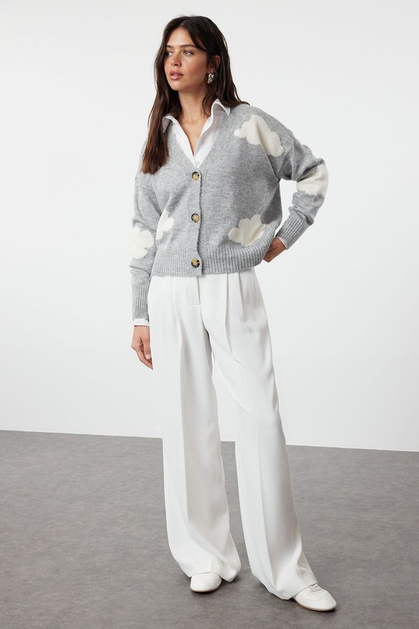 Trendyol Trendyol Gray Soft Textured Cloud Patterned Knitwear Cardigan