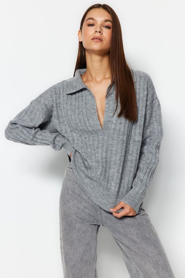 Trendyol Trendyol Gray Soft Textured Polo Neck Knitwear Sweater