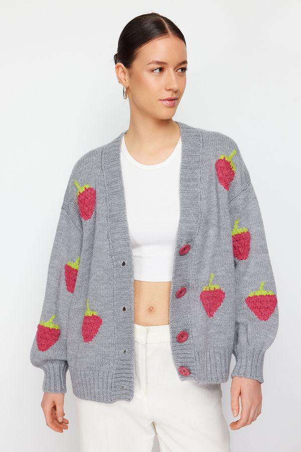 Trendyol Trendyol Gray Soft Textured Strawberry Embroidered Knitwear Cardigan