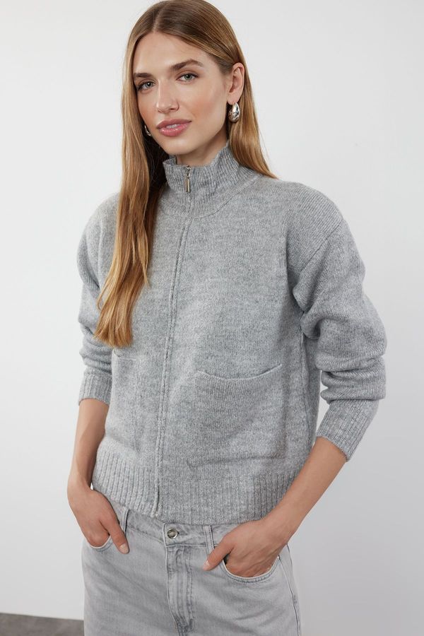 Trendyol Trendyol Gray Soft Textured Zippered Knitwear Cardigan