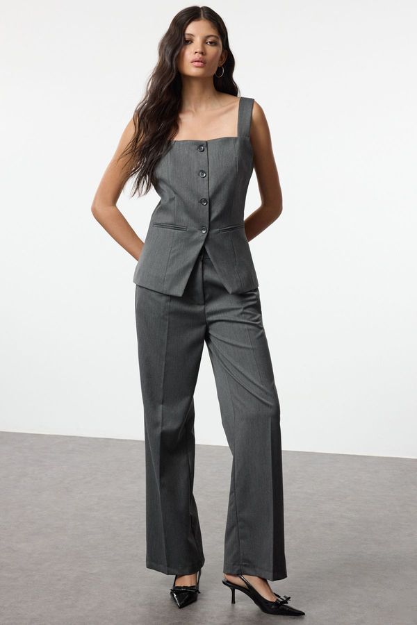 Trendyol Trendyol Gray Square Collar Buttoned Vest Wide Leg/Wide Leg Woven Bottom-Top Set