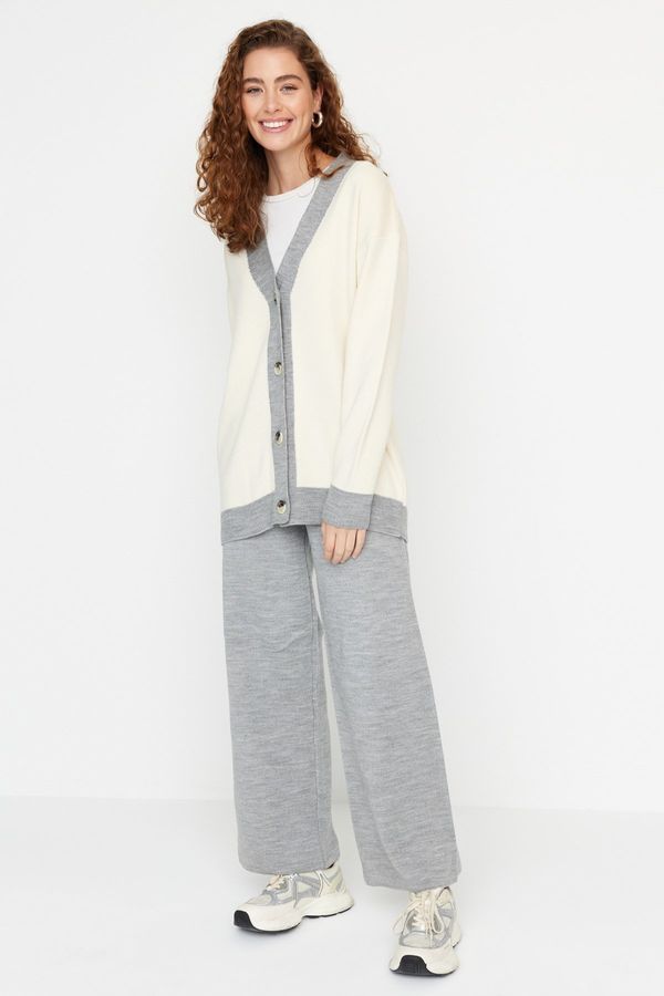 Trendyol Trendyol Gray Stripe Detailed Cardigan-Pants Knitwear Set