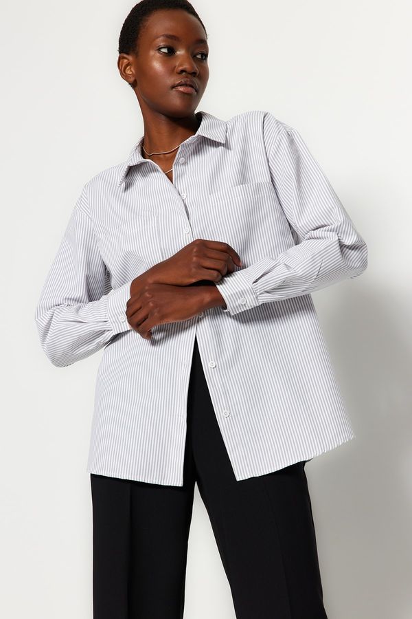 Trendyol Trendyol Gray Striped Pocket Detailed Oversize/Wide Fit Woven Shirt