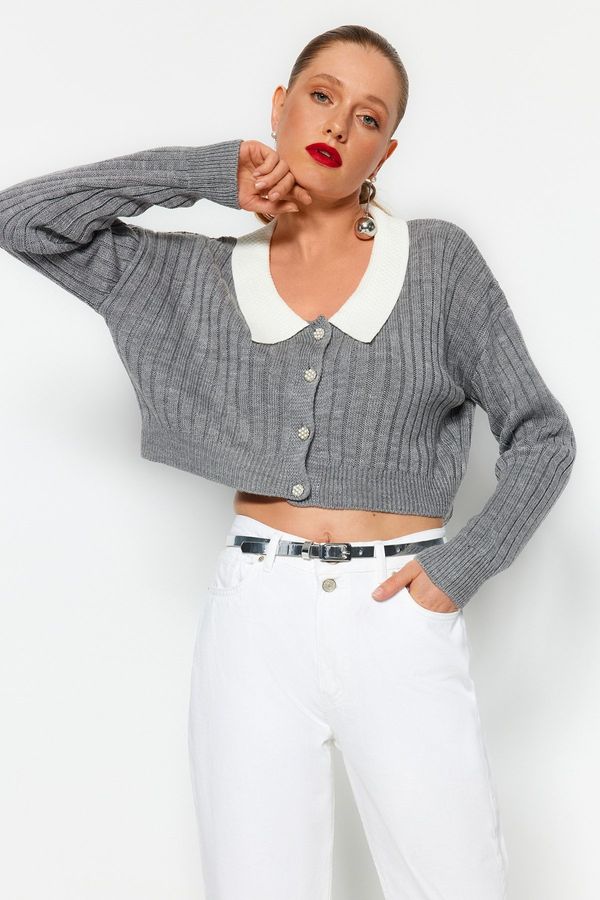 Trendyol Trendyol Gray Super Crop Corduroy Sweater Cardigan