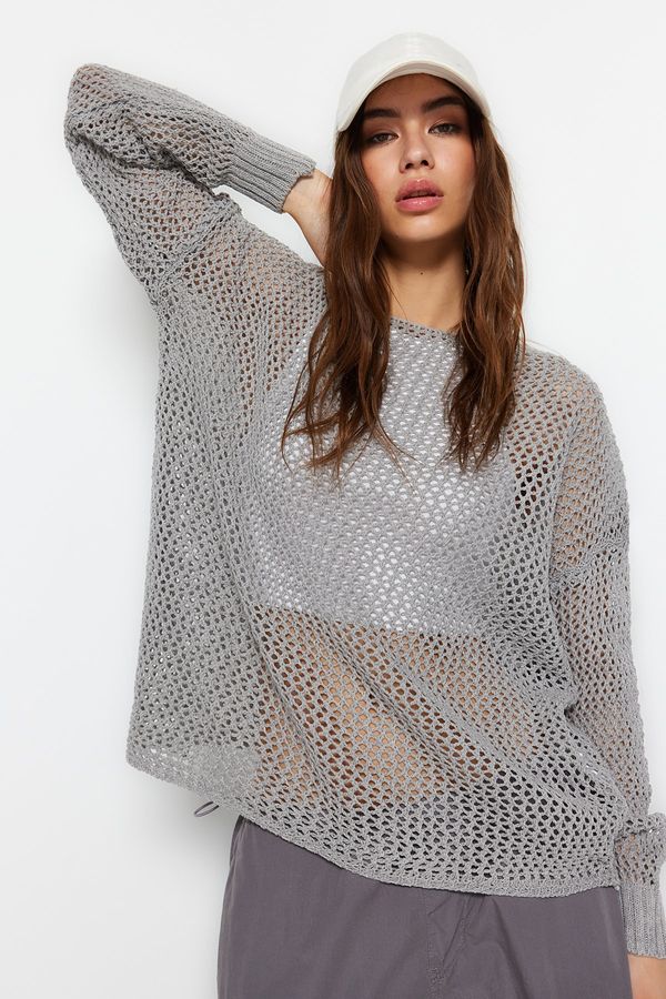 Trendyol Trendyol Gray Super Wide Fit Cotton Openwork/Perforated Knitwear Sweater