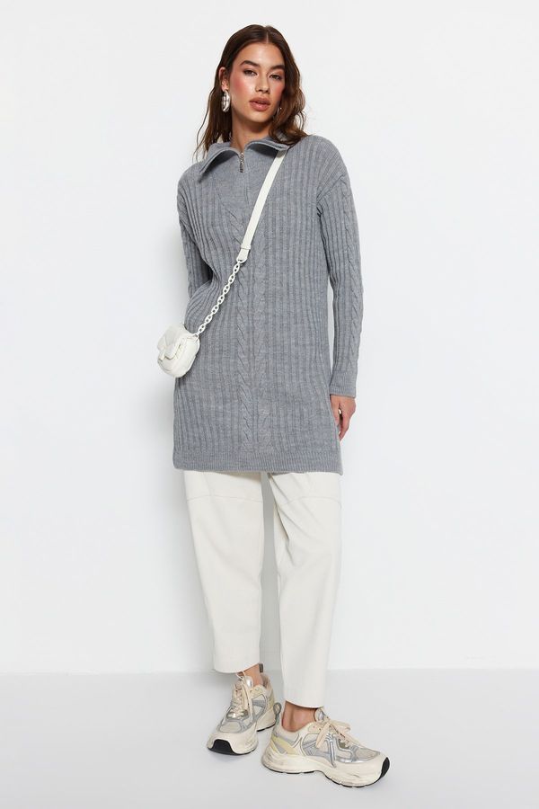 Trendyol Trendyol Gray Thessaloniki Braided Zipper Knitwear Sweater