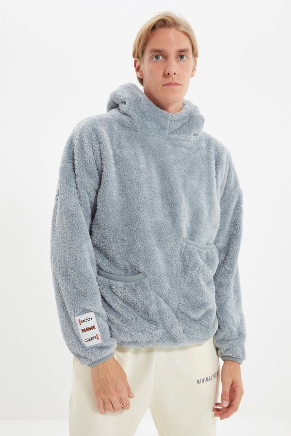Trendyol Trendyol Gray Unisex Oversize/Wide Cut Double Pocket Label Detailed Warm Plush Sweatshirt