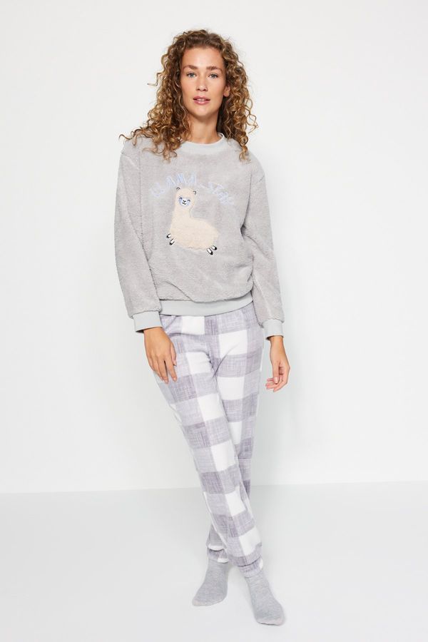 Trendyol Trendyol Gray Wellsoft Lama Pattern T-shirt-Pants and Knitted Pajamas Set