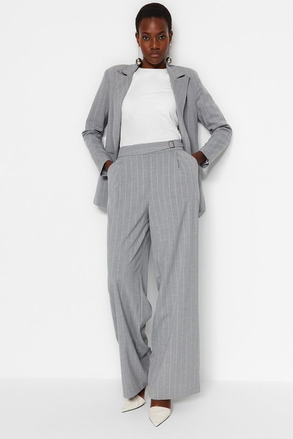 Trendyol Trendyol Gray Wide Leg Glitter Detailed Woven Striped Trousers