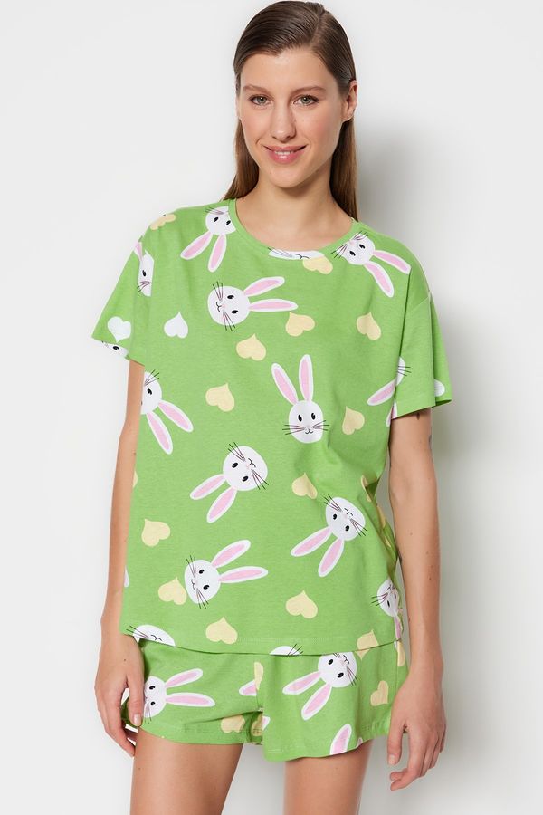 Trendyol Trendyol Green 100% Cotton Heart Rabbit Pattern T-shirt-Shorts Knitted Pajamas Set