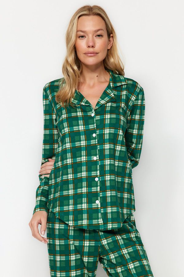 Trendyol Trendyol Green 100% Cotton Plaid Shirt-Pants Knitted Pajama Set