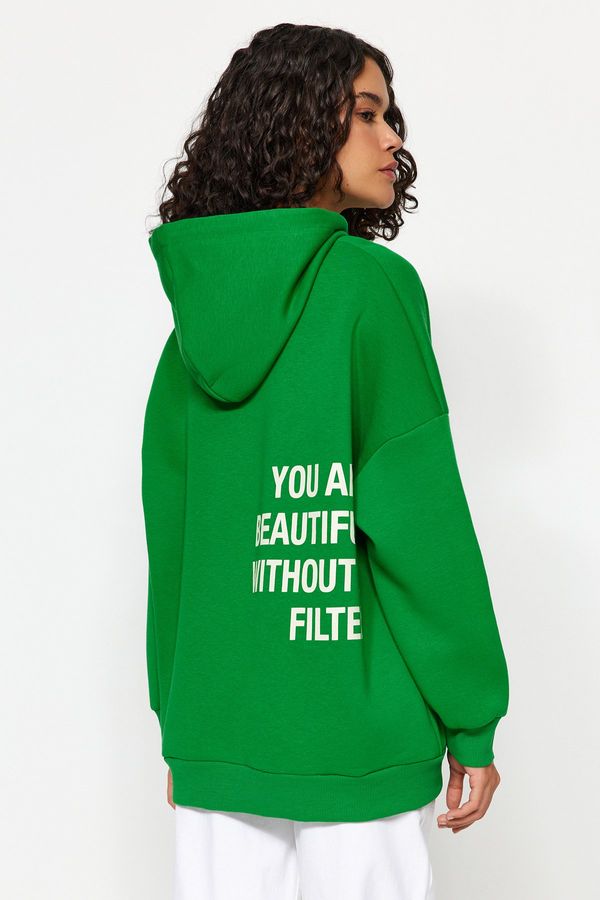 Trendyol Trendyol Green Back Printed Oversize/Wide Cut Hooded Thick Fleece Knitted Sweatshirt