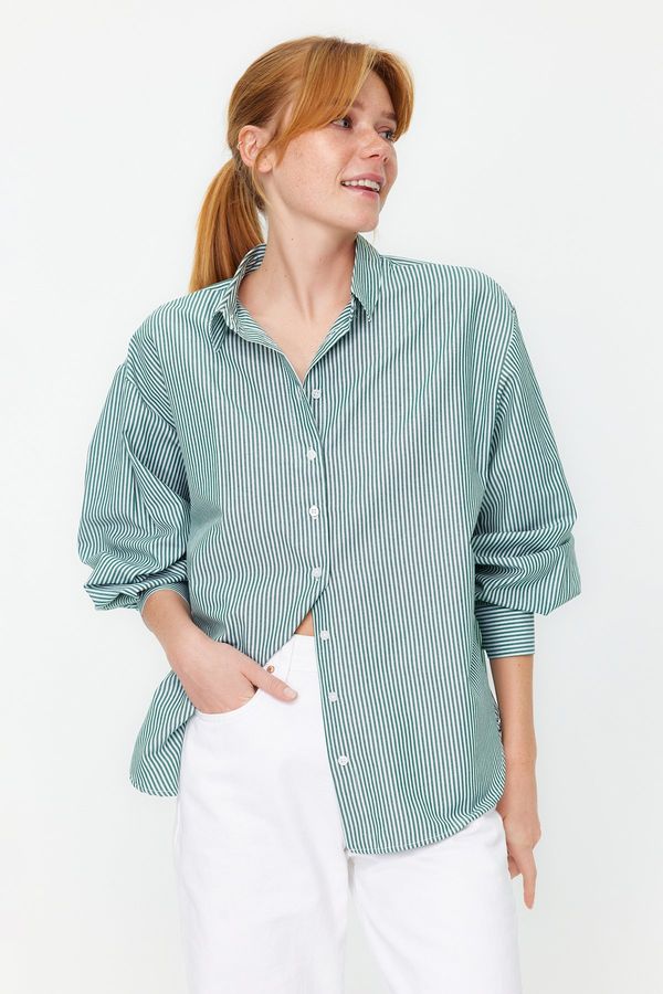 Trendyol Trendyol Green Basic Striped Oversize Wide Fit Woven Shirt