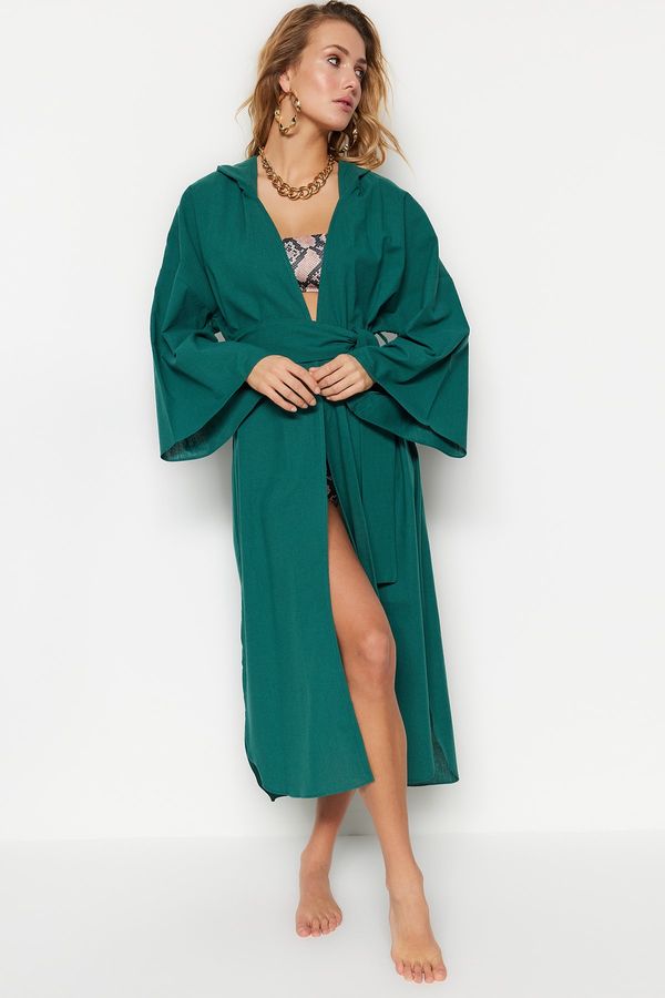 Trendyol Trendyol Green Belted Maxi Woven Hooded 100% Cotton Kimono & Caftan
