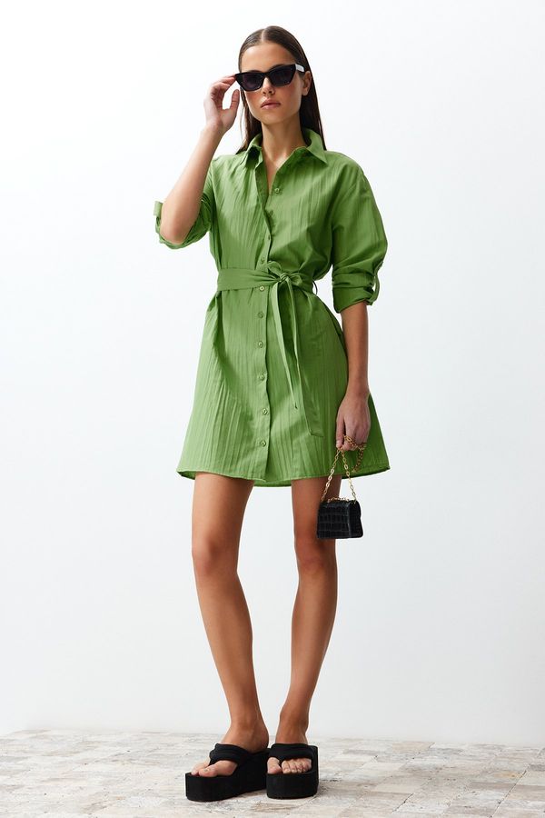 Trendyol Trendyol Green Belted Mini Crinkle Woven Shirt Dress