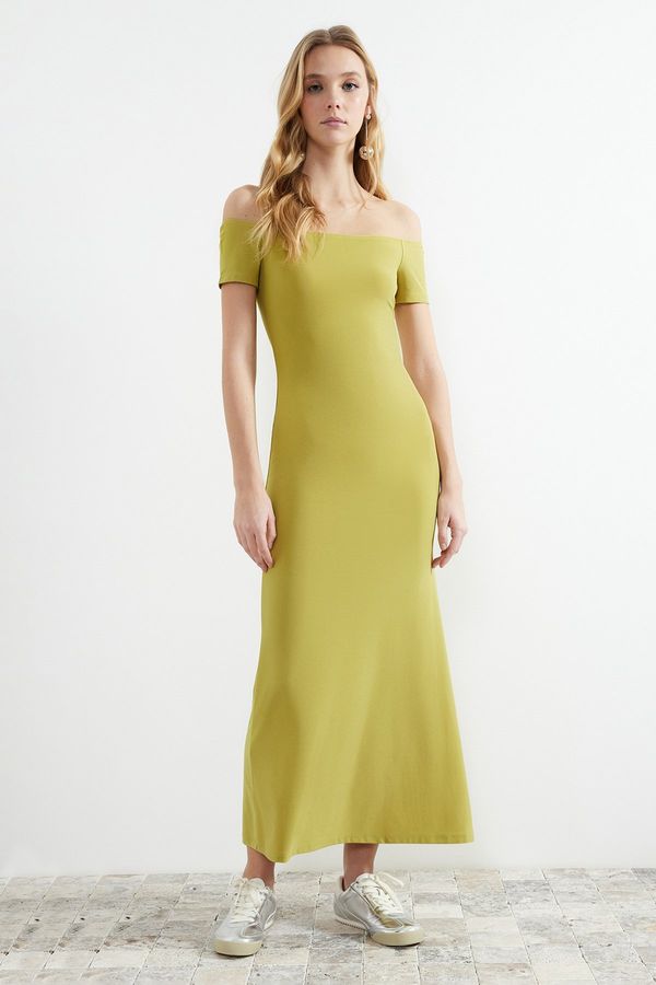 Trendyol Trendyol Green Carmen Collar Fitted/Fitting Stretchy Knitted Maxi Dress