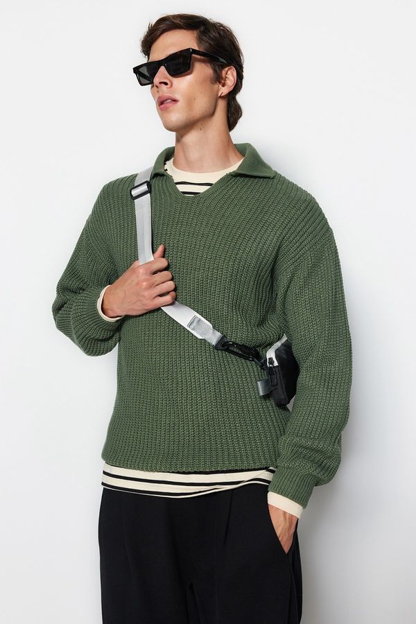 Trendyol Trendyol Green Casual Unisex Regular Fit Polo Collar Non-Pilling Knitwear Sweater