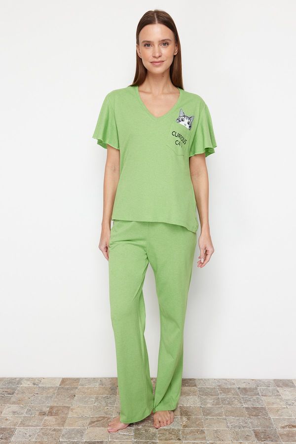 Trendyol Trendyol Green Cotton Cat Printed Sleeve Flywheel Detailed Knitted Pajamas Set