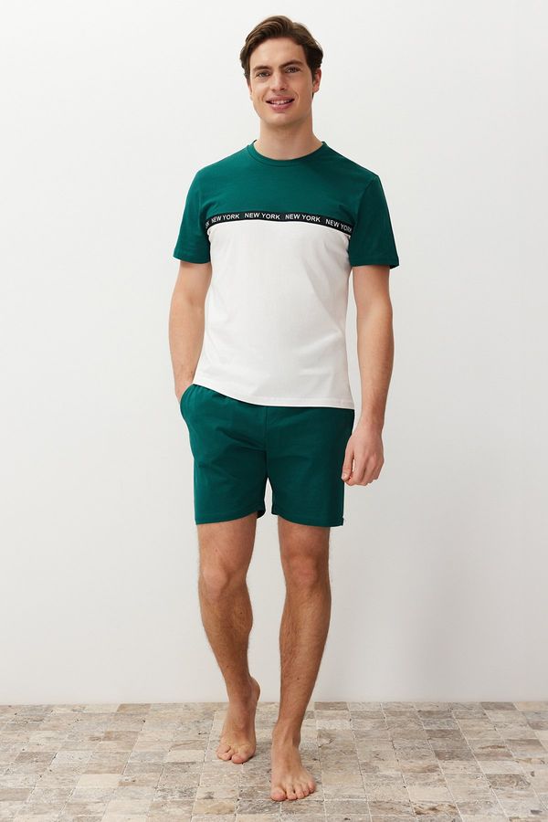 Trendyol Trendyol Green Ecru Color Block Pajama Set with Elastic Waist Regular Fit Knitted Shorts
