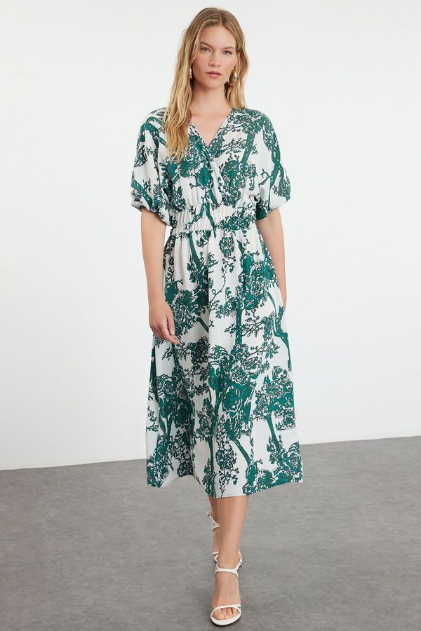 Trendyol Trendyol Green Floral A-Line Double-Breasted Midi Woven Dress