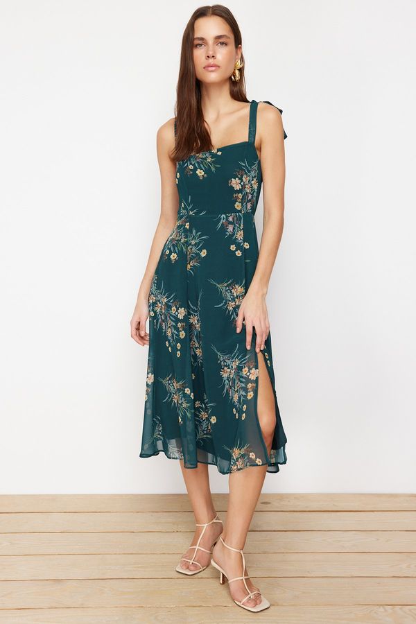 Trendyol Trendyol Green Floral A-Line Slit Gimped Back Detail Chiffon Lined Midi Woven Dress