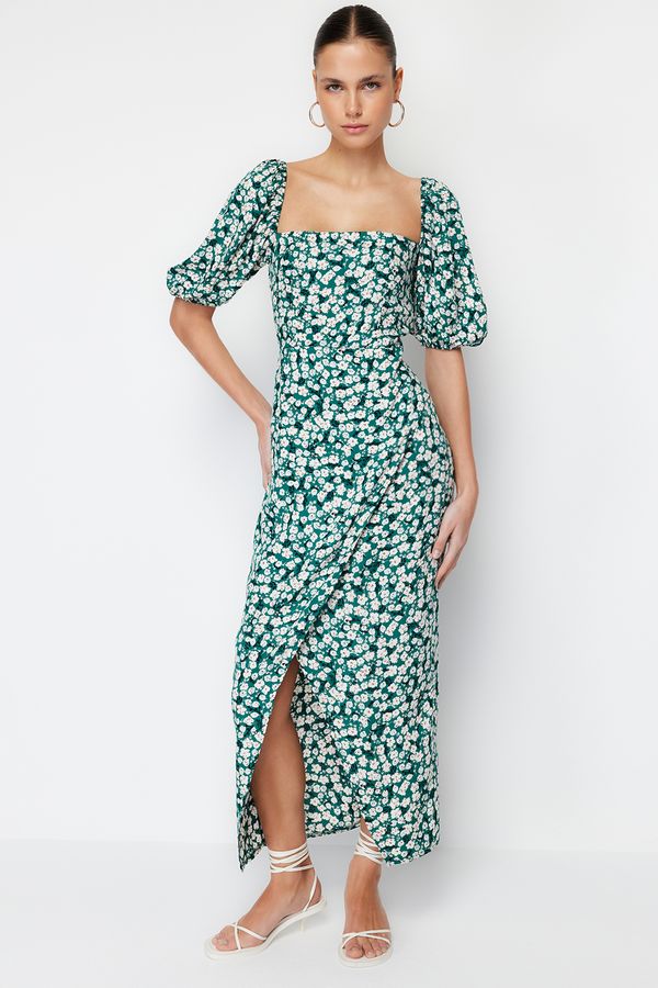 Trendyol Trendyol Green Floral Balloon Sleeve Viscose Midi Woven Dress