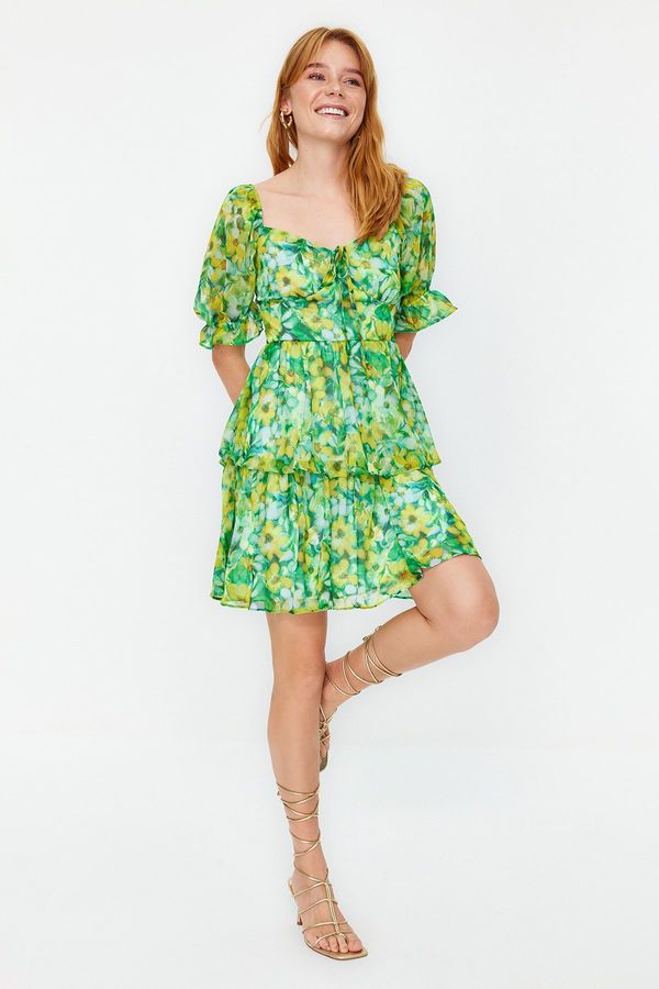 Trendyol Trendyol Green Floral Skirt Flounced Madonna Collar Chiffon Mini Lined Woven Dress