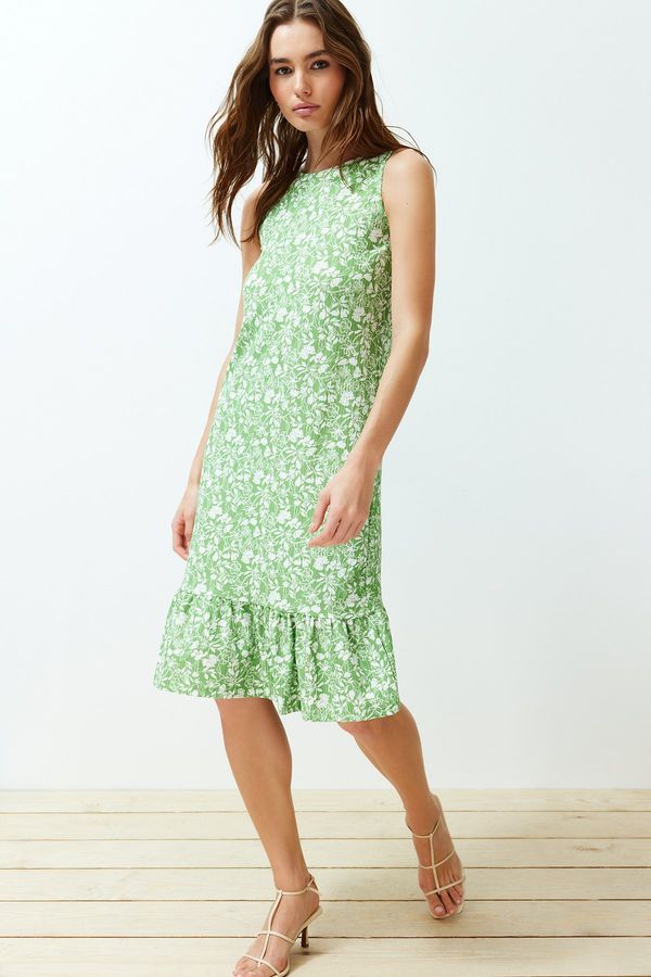 Trendyol Trendyol Green Floral Skirt Ruffled Ribbed Elastic Knitted Midi Dress