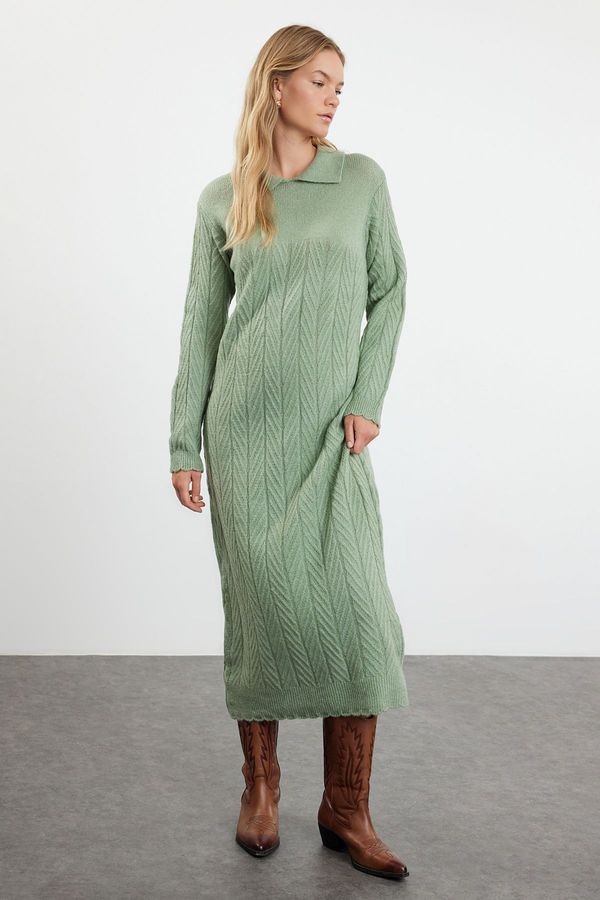 Trendyol Trendyol Green Herringbone Patterned Polo Neck Knitwear Dress