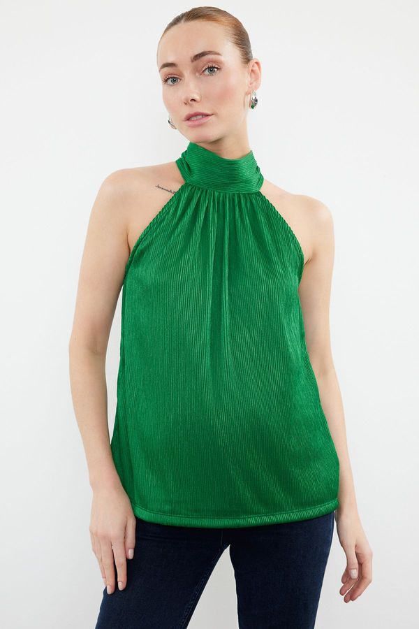 Trendyol Trendyol Green High Collar Regular Fit Pleated Knitted Blouse