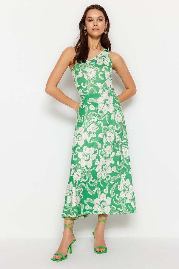 Trendyol Trendyol Green Knitted One-Shoulder Midi Halter/Skater Printed Dress