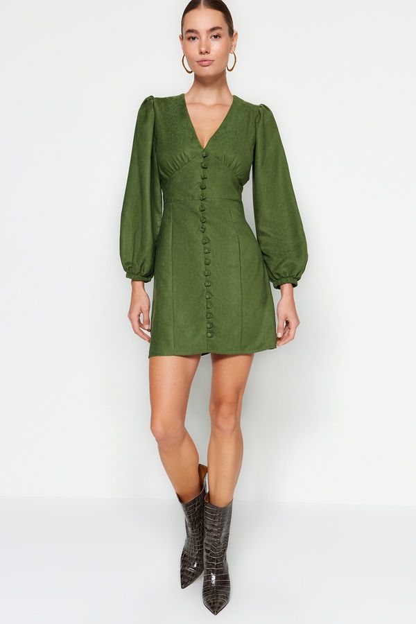 Trendyol Trendyol Green Mini Balloon Sleeve V-Neck Suede Woven Dress